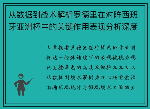 从数据到战术解析罗德里在对阵西班牙亚洲杯中的关键作用表现分析深度