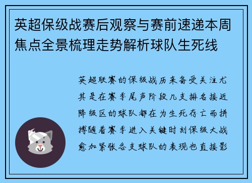 英超保级战赛后观察与赛前速递本周焦点全景梳理走势解析球队生死线 英超保级战赛后观察与赛前速递本周焦点全景梳理走势解析球队生死线